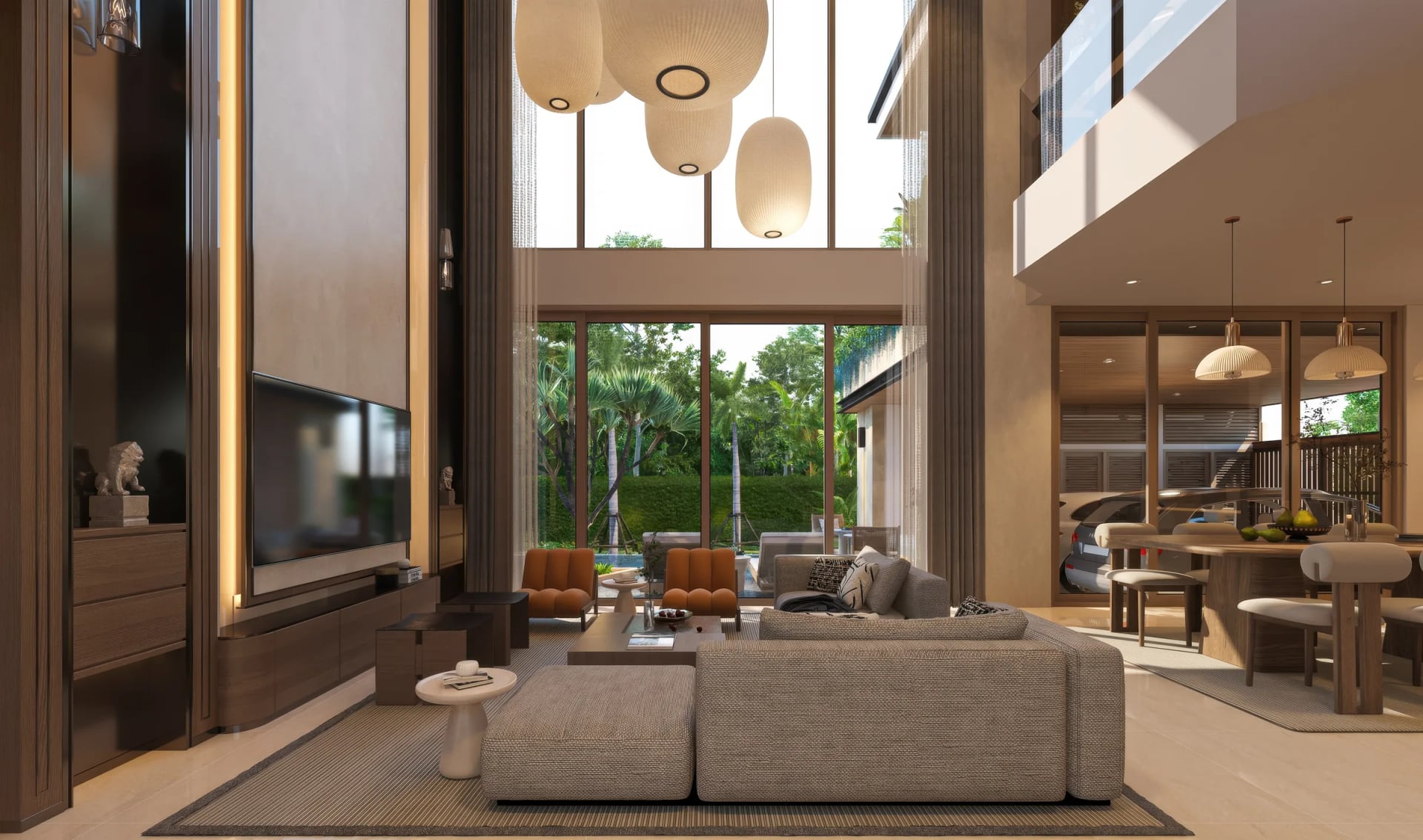 Tropical Collection: double-height living room open to the pool